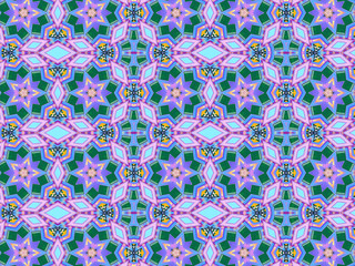 A sophisticated geometric pattern inspired by Middle Eastern and Moroccan ornaments. Elaborate kaleidoscopic surface print in blue, purple and yellow colors for textile design and gift wrapping paper.