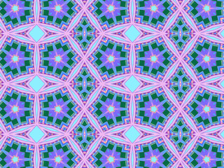 A sophisticated geometric pattern inspired by Middle Eastern and Moroccan ornaments. Elaborate kaleidoscopic surface print in blue, purple and yellow colors for textile design and gift wrapping paper.