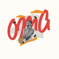 Contemporary artwork. Black and white portrait of young girl with colored lettering OMG in background. Concept of emotions