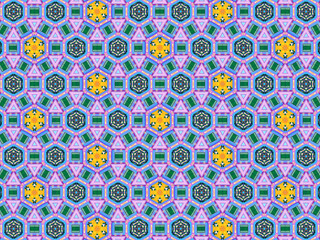 A sophisticated geometric pattern inspired by Middle Eastern and Moroccan ornaments. Elaborate kaleidoscopic surface print in blue, purple and yellow colors for textile design and gift wrapping paper.