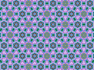 A sophisticated geometric pattern inspired by Middle Eastern and Moroccan ornaments. Elaborate kaleidoscopic surface print in blue, purple and yellow colors for textile design and gift wrapping paper.