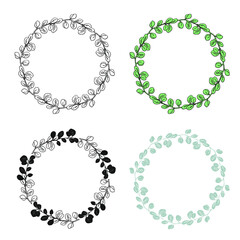 Eucalyptus circle wreath set, hand drawn leaves frame for invitation design.Vector illustration isolate on white design
