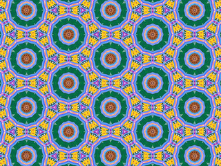 A sophisticated geometric pattern inspired by Middle Eastern and Moroccan ornaments. Elaborate kaleidoscopic surface print in blue, purple and yellow colors for textile design and gift wrapping paper.