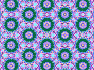 A sophisticated geometric pattern inspired by Middle Eastern and Moroccan ornaments. Elaborate kaleidoscopic surface print in blue, purple and yellow colors for textile design and gift wrapping paper.
