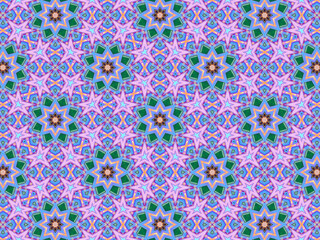 A sophisticated geometric pattern inspired by Middle Eastern and Moroccan ornaments. Elaborate kaleidoscopic surface print in blue, purple and yellow colors for textile design and gift wrapping paper.