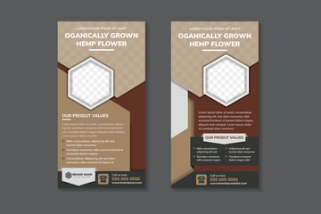 organically grown hemp flower headline of roll up banner design template use vertical layout. multicolored brown and grey on element and background. hexagon shape for space of photo.