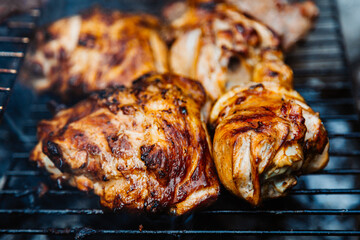 Close up fresh meat kebabs on skewers