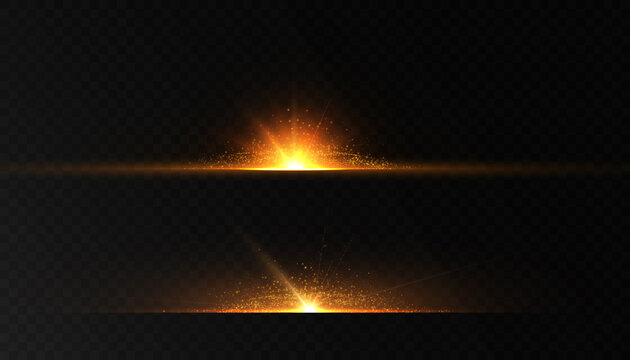 Shining golden stars isolated on transparent background. Effects, glare, lines, gold light particles. Set of vector stars.