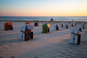 Beach chairs in morning light at the baltic sea - 478542238