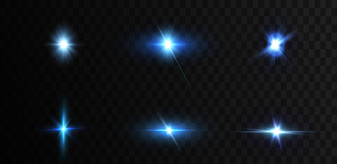 Shining golden stars isolated on transparent background. Effects, glare, lines, gold light particles. Set of vector stars.