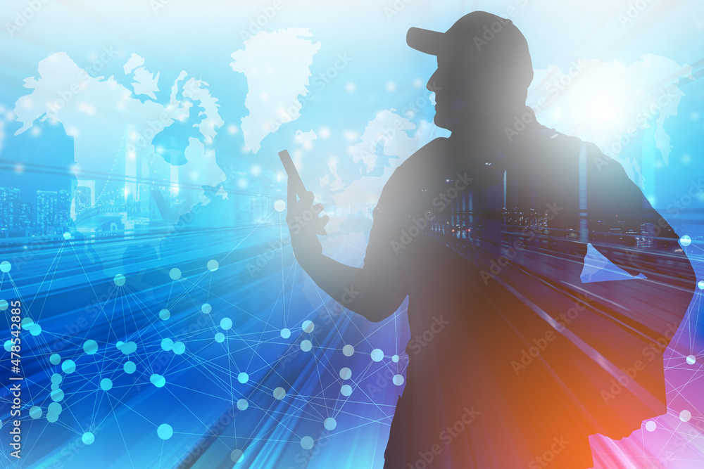 Poster telecommunication technologies. double exposure portrait of man and world map. abstract lines as sym