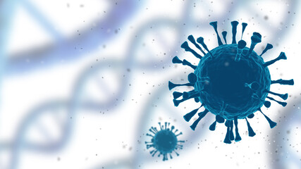 Flurona coronavirus background. Bacteria Covid-19 near DNA strand. Virus molecules on light...