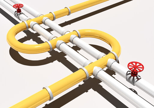 Gasification pipeline. Large diameter gas pipe. Double gas pipeline. Pipes with valves to stop delivery. Pipeline for gas imports. Winding tube as metaphor for reverse feed. 3d rendering.