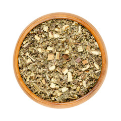 Mugwort herb in a wooden bowl. Dried, cut common mugwort, Artemisia vulgaris, also riverside wormwood, felon herb, chrysanthemum weed or old Uncle Henry. Used as culinary herb, medicinally, or as tea.