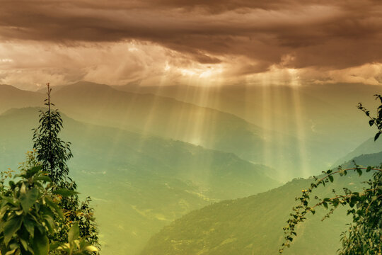 Sun rays coming out of cloud burst - at Rabangla, Sikkim, India. Trees in foreground and Himalayan mountains in background.