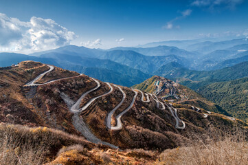 Beautiful Curvy roads on Old Silk Route, Silk trading route between China and India, Sikkim. OBOR...