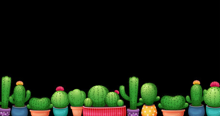 Сactus background. Cartoon cactus with flowers banner. Cute exotic succulent border. Cartoon succulents in pot. Cactus icons on white. Mexican plant, desert flowers backdrop. Tropical plant border.