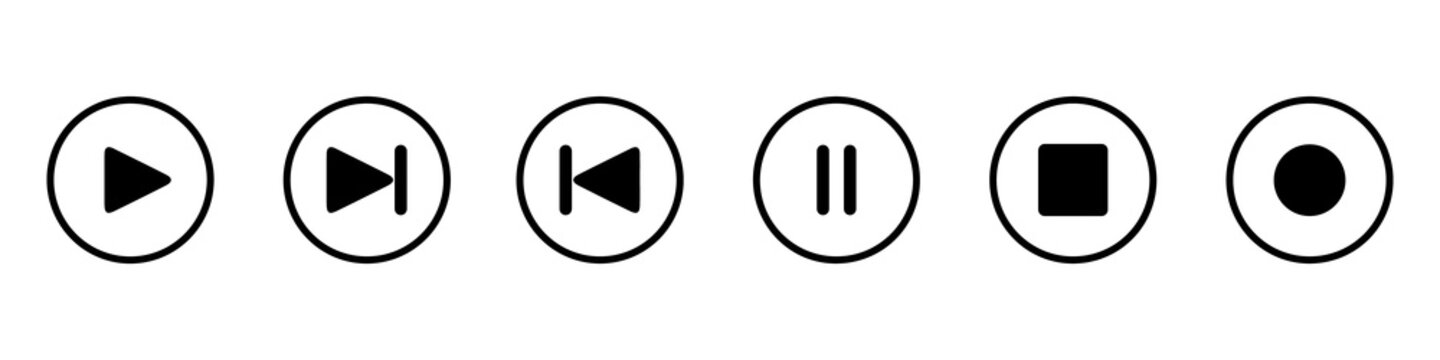 Music Button Set - Play, Forward, Rewind, Pause, Stop And Record - Black Vector Illustrations Isolated On White Background