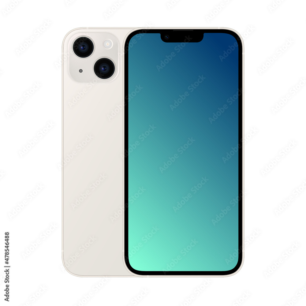 Poster isolated smartphone 13 mockup. realistic 3d design. two cameras. front and back view. . vector illus