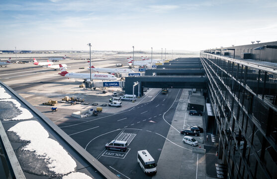 Austrian Airlines Planes At Vienna International Airport (Flughafen Wien-Schwechat). Overview Of The Airfield Seen From Visitors Terrace On November 28, 2020 In Schwechat, Austria.