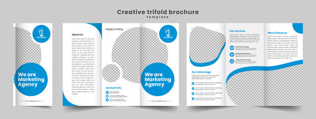 Tri fold brochure design with blue and orange color. business trifold Leaflet Brochure Flyer report template design.