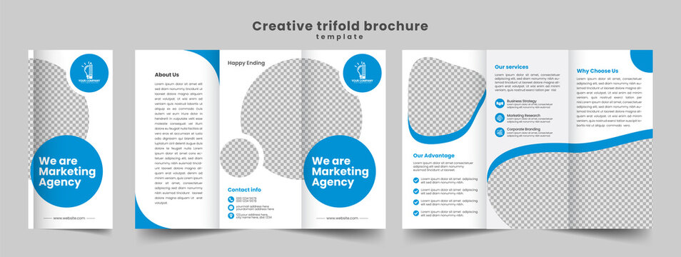 Tri fold brochure design with blue and orange color. business trifold Leaflet Brochure Flyer report template design.