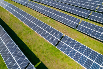 Aerial view of solar panel, photovoltaic, alternative electricity source. Power farm producing clean green energy