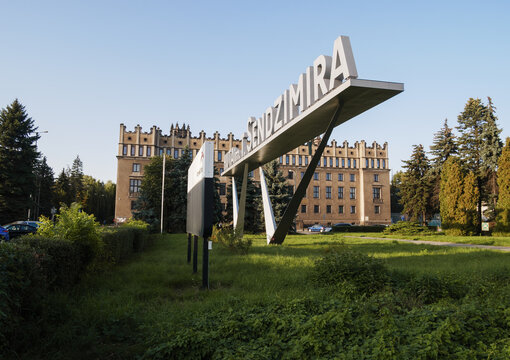 Sign located near main gate of Tadeusz Sendzimir Steelworks (Huta im. Tadeusza Sendzimira, Kombinat, Vladimir Lenin Plant) in Krak&oacute;w Nowa Huta district on September 22, 2020 in Krakow, Poland.