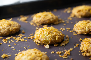 Cornflake Cookies on baking tray.