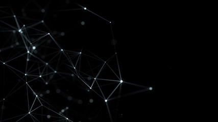 Abstract dark background with moving lines and dots. Network connection. Visualization of big data. 3d rendering.