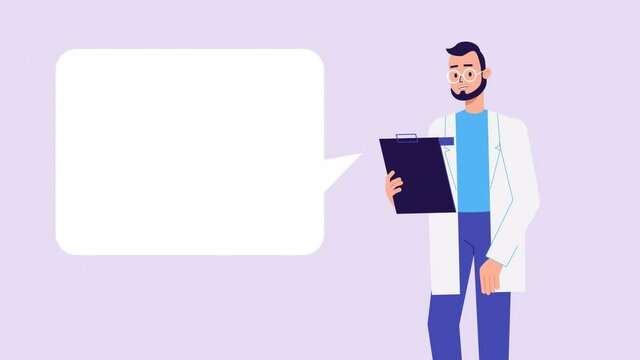 lip syncing Facial Animation for narration. male character doctor speaking, speech bubble, copy space. medical worker animated footage in 2d flat style. talking mouth, lips expressions, articulation