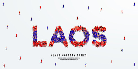A large group of people stands, making up the word Laos. Laos flag made from people crowd. Vector illustration isolated on white background.