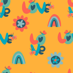Seamless pattern with words Love, multicolored flowers, hearts, butterflies, rainbows, sun. Retro 60s, 70s design for gift wrap, textile, home decor. Love, Valentines Day concept