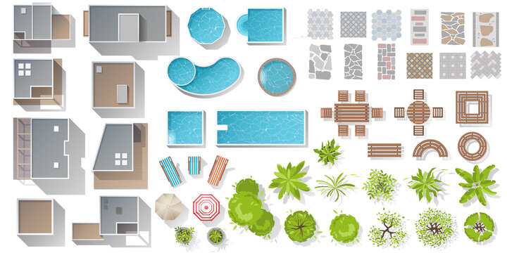Architectural and Landscape elements top view. Kit for landscape, cityscape design. Objects for project, map. Vector collection of house, cottage, plant, tree, swimming pool, outdoor furniture, tile