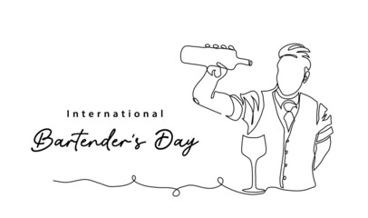 Bartenders Day simple vector illustration. Barman or barista job minimal background, banner, poster. One continuous line art drawing for international bartenders day celebration