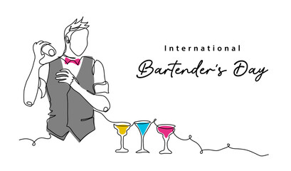 Bartenders Day simple vector illustration. Barman or barista job minimal background, banner, poster. One continuous line art drawing for international bartenders day celebration