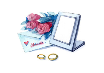 Wedding accessory rings. Watercolor beautiful illustration. Holiday