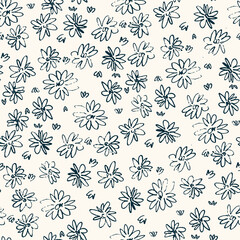Seamless pattern with hand drawn meadow flowers in Ditzy style. Stylish dark illustrations on beige background for surface design and other design projects