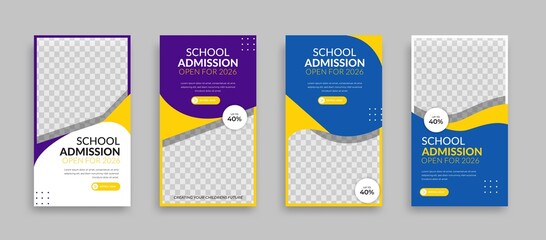 School admissions Set of Editable minimal square banner template. Blue yellow white background color with geometric shapes for social media post, story and web internet ads. Vector illustration
