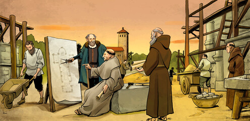 Illustration of medieval cathedral construction. Architect showing blueprints to monks