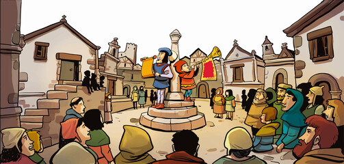 Illustration of medieval king's messenger in medieval town square announcing news