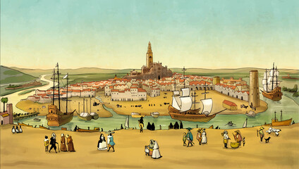 Fototapeta premium Illustration of the city of Seville in the 15th century