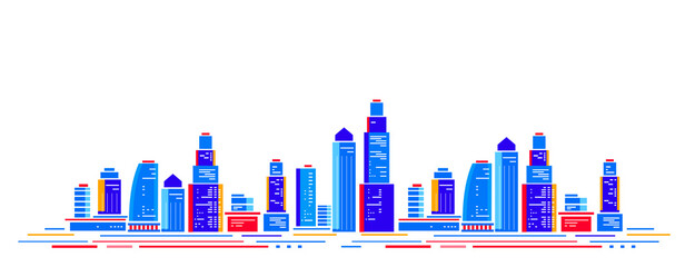 Vector bright illustration of blue city street with skyscraper on white color background. Flat style design of panorama of cityscape with line
