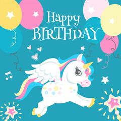 Happy birthday card. Magic horse flying in sky