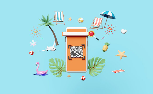 mobile phone, smartphone with palms, beach chair, qr code scanning, plane isolated on blue background. web search, online shopping, summer travel vacation concept, 3d illustration or 3d render