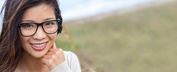 Chinese Asian Young Woman or Girl Wearing Glasses Panorama Web Banner - 478551690