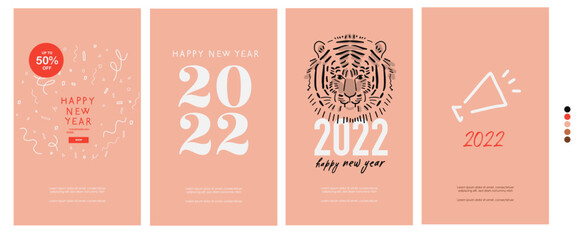 Fototapeta na wymiar Happy New Year 2022 - Instagram Stories template. Set of 4 New Year design. Design template for social networks, media, greeting card, email, vertical banner. Pink and Red. Vector illustration 