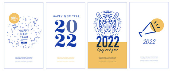Happy New Year 2022 - Instagram Stories template. Set of 4  New Year design. Design template for social networks, media, greeting card, email, vertical banner. Blue and Yellow. Vector illustration  