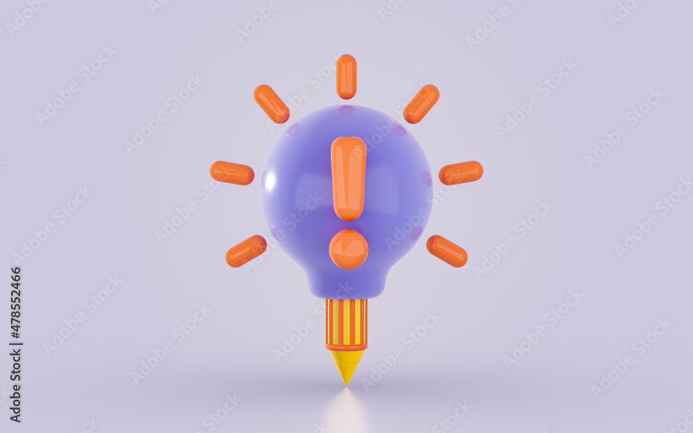 Poster creative pencil with attached lightbulb exclamation icon on a minimal background 3d render concept
