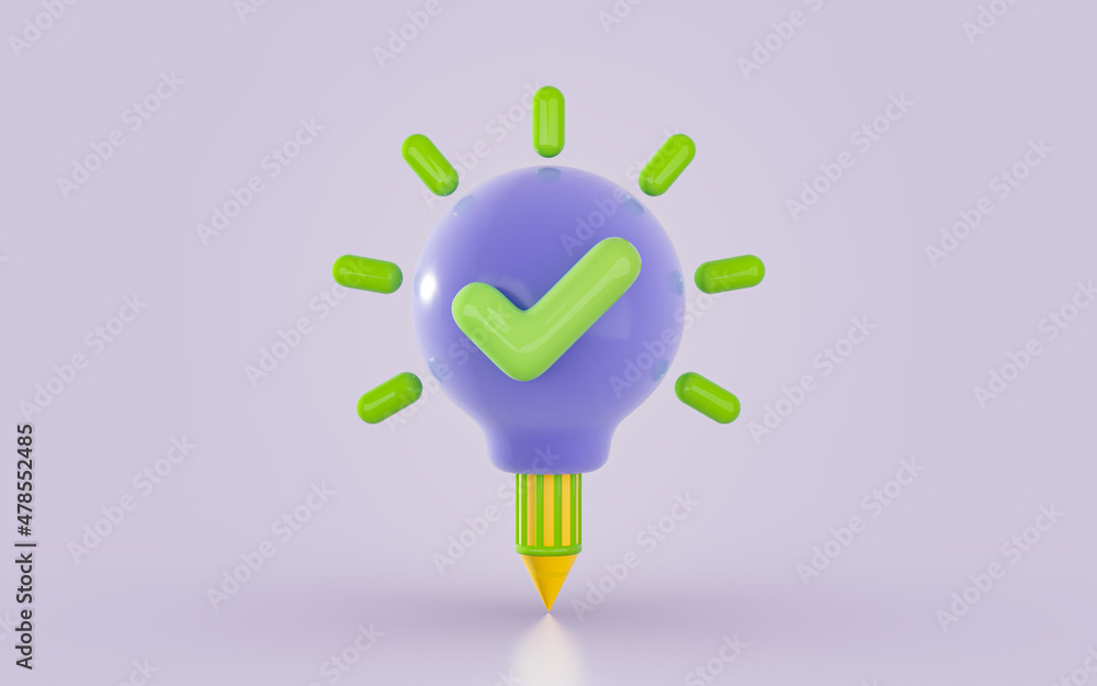 Poster creative pencil with attached lightbulb checkmark icon on a minimal background 3d render concept